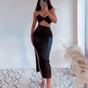 Zara Black Satin Midi Dress XS Strappy Cut Out Slit